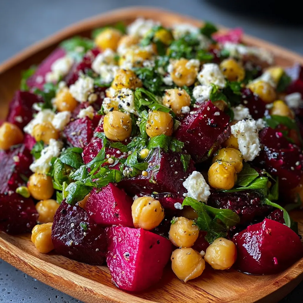 Chickpea, Beet & Feta Salad with Lemon-Garlic Vinaigrette served in a bowl with fresh greens