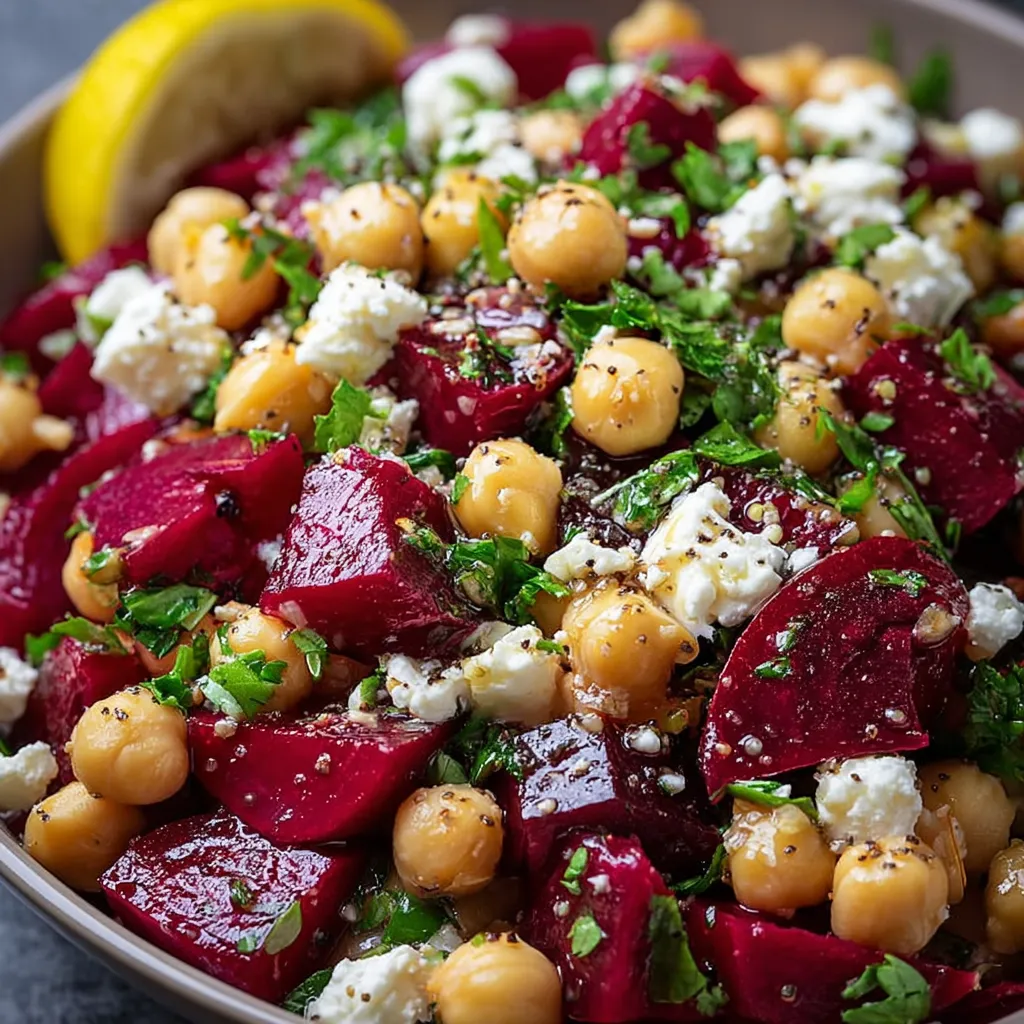 Chickpea, Beet & Feta Salad with Lemon-Garlic Vinaigrette served in a bowl with fresh greens