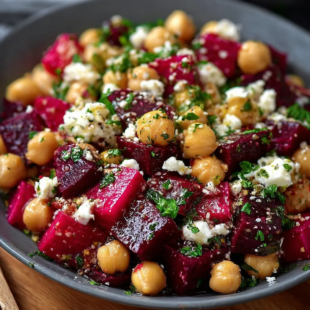 Chickpea, Beet & Feta Salad with Lemon-Garlic Vinaigrette served in a bowl with fresh greens