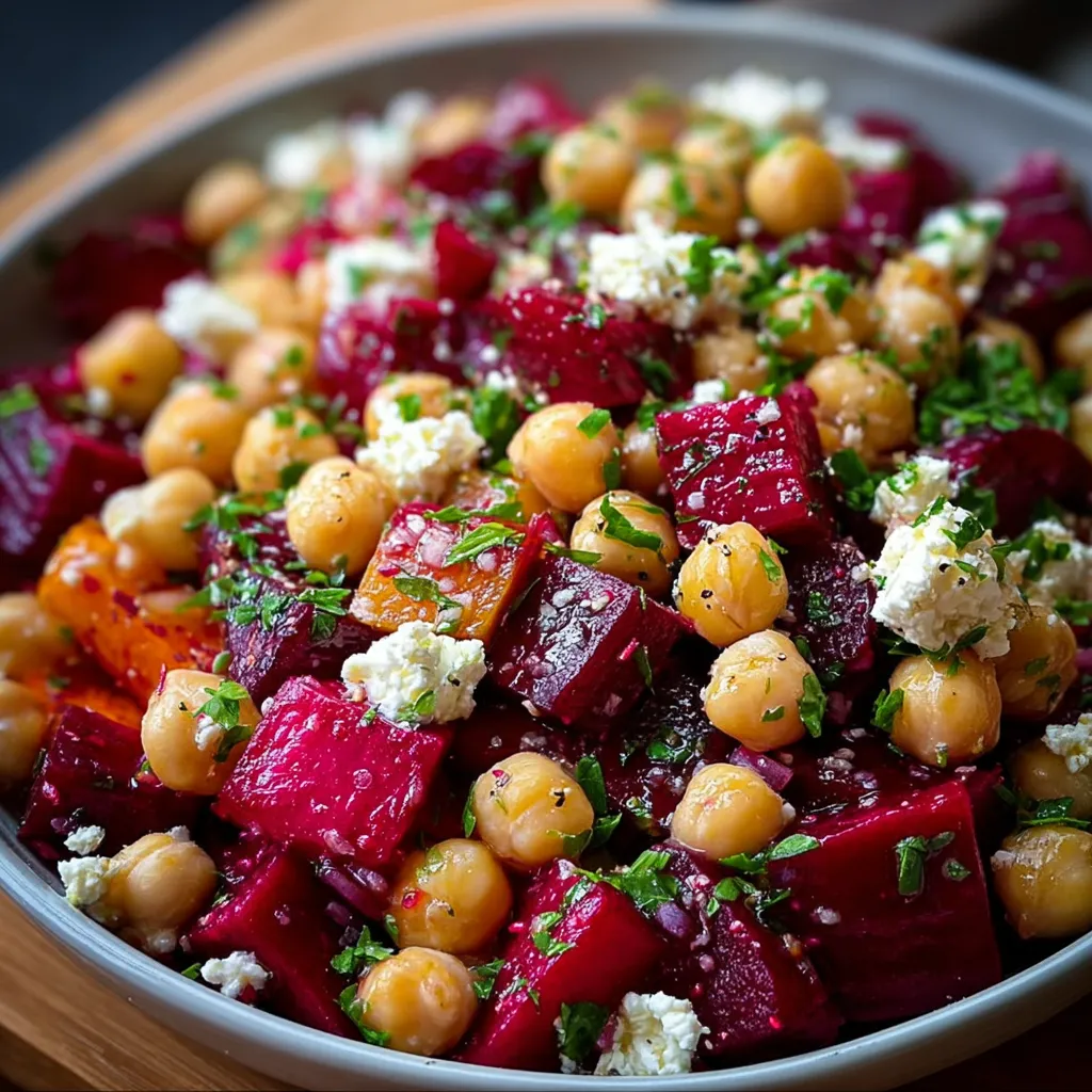 Chickpea, Beet & Feta Salad with Lemon-Garlic Vinaigrette served in a bowl with fresh greens