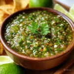 A vibrant green bowl of cilantro-lime jalapeño salsa surrounded by tortilla chips.
