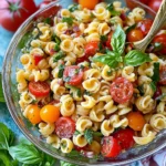 Bowl of classic pasta salad with Italian dressing, colorful vegetables, and mozzarella pearls