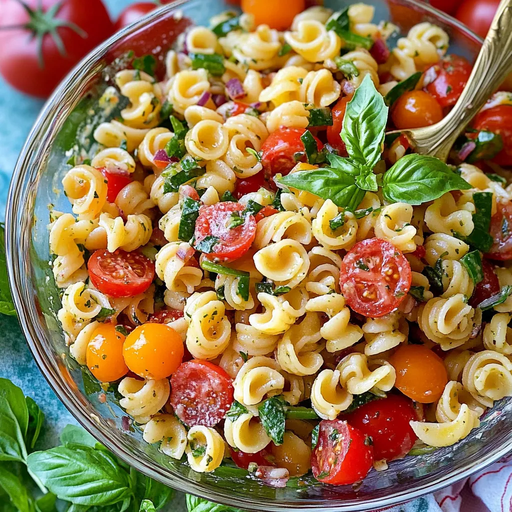 Bowl of classic pasta salad with Italian dressing, colorful vegetables, and mozzarella pearls