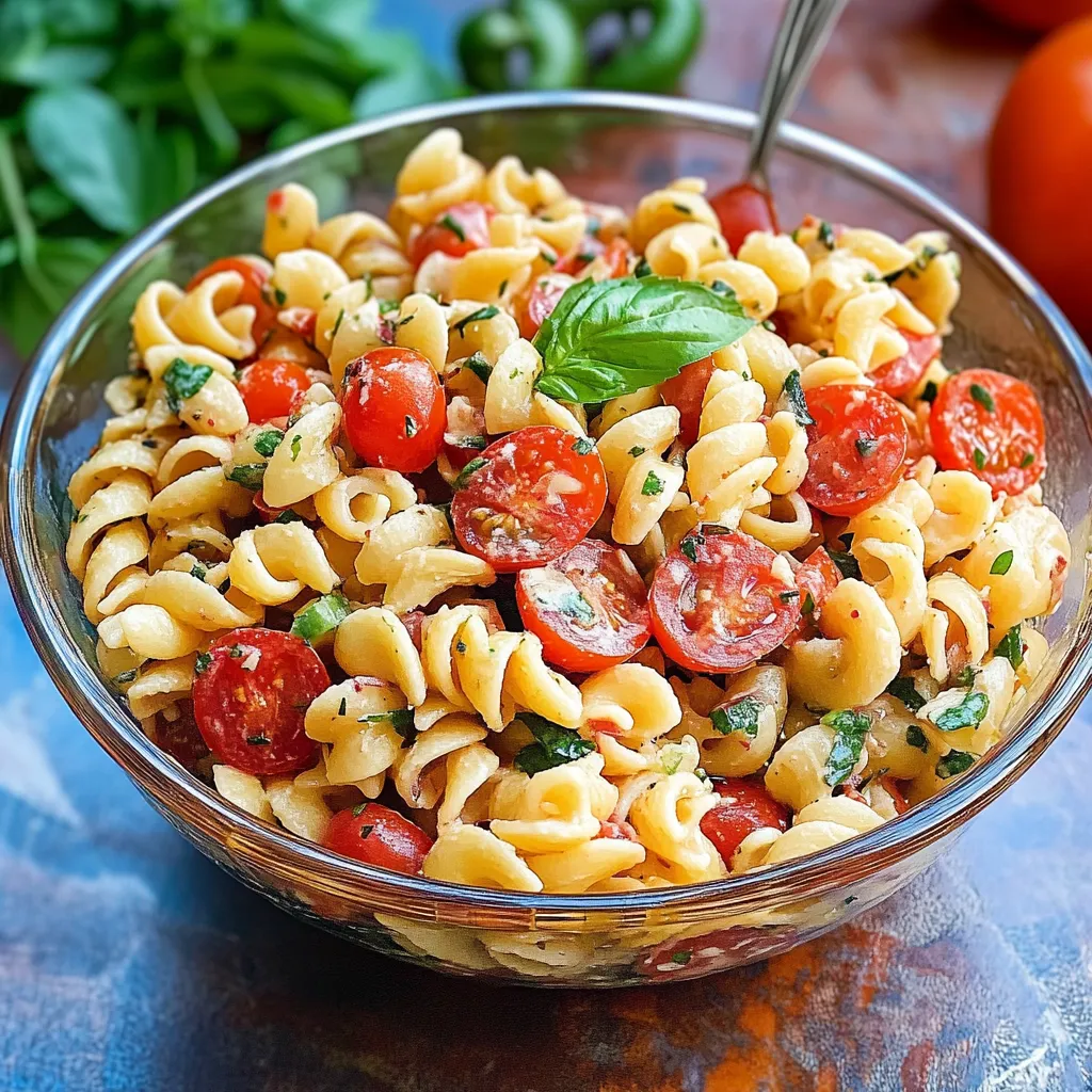Bowl of classic pasta salad with Italian dressing, colorful vegetables, and mozzarella pearls