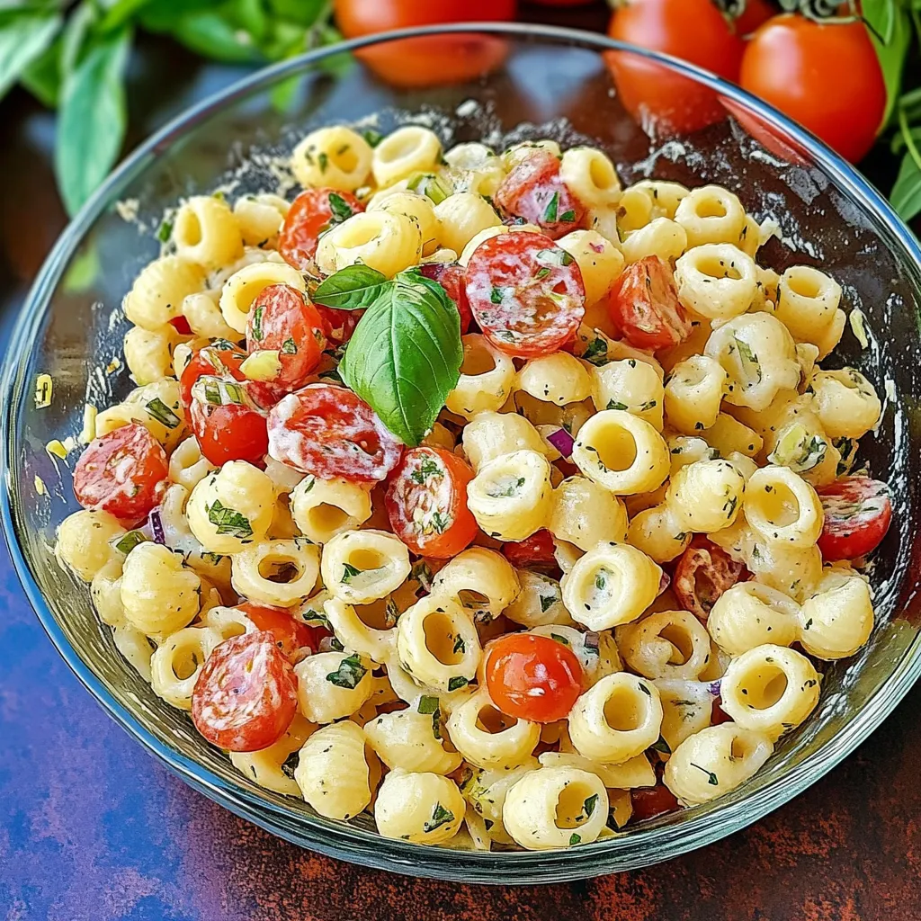 Bowl of classic pasta salad with Italian dressing, colorful vegetables, and mozzarella pearls
