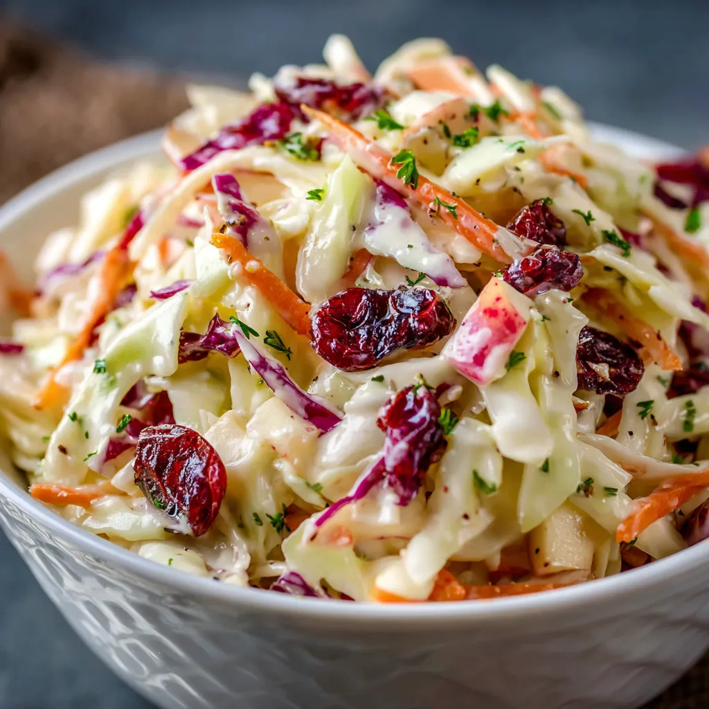 Bowl of creamy apple coleslaw with red and green cabbage