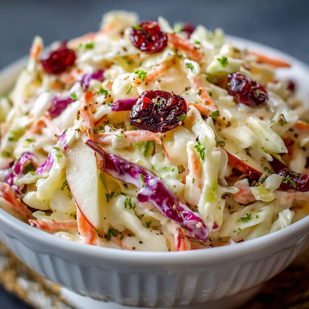 Bowl of creamy apple coleslaw with red and green cabbage