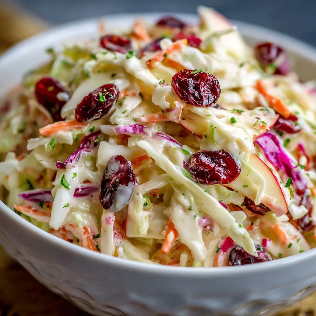 Bowl of creamy apple coleslaw with red and green cabbage