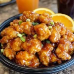 Copycat Panda Express Orange Chicken served over rice, glazed in tangy orange sauce with crispy fried coating