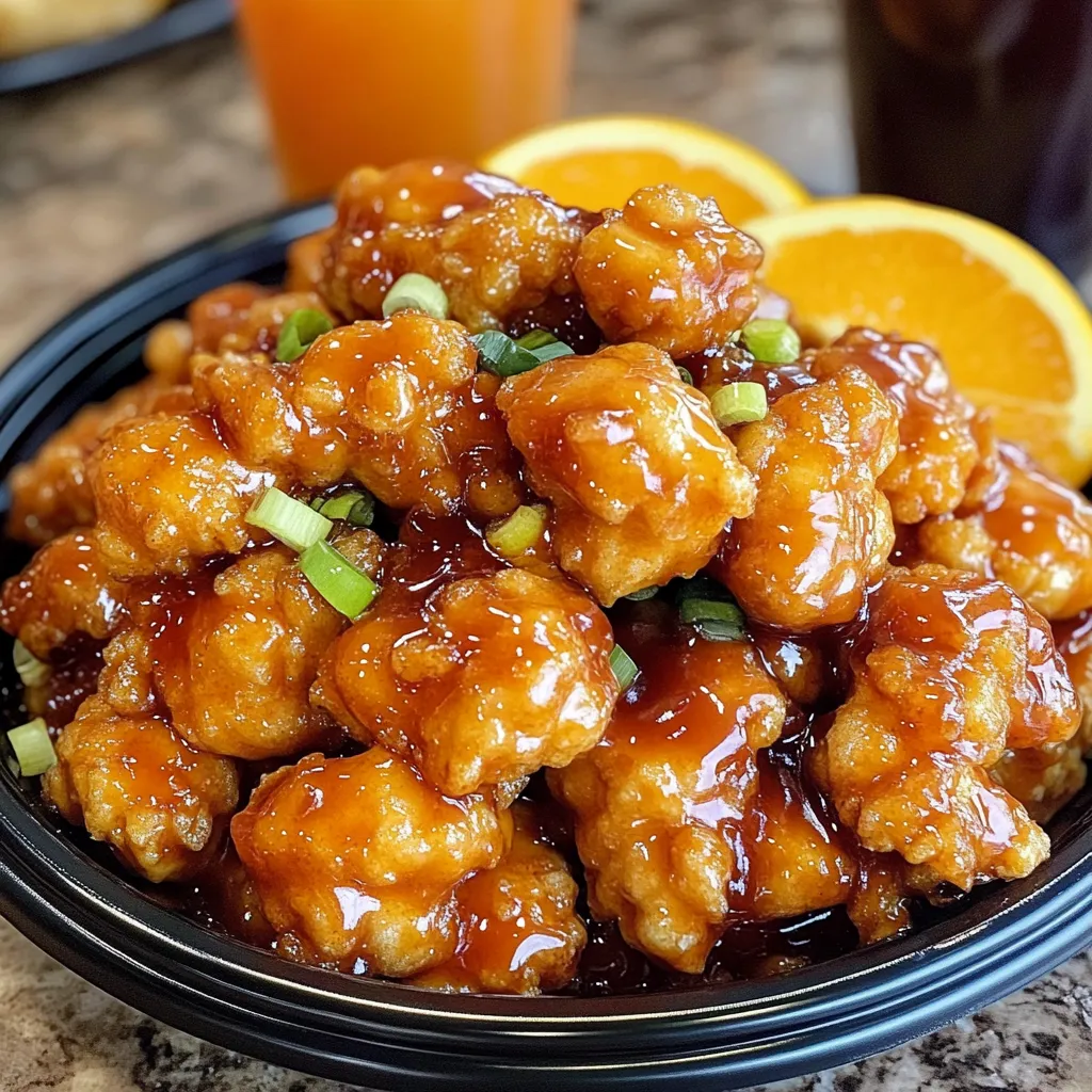 Copycat Panda Express Orange Chicken served over rice, glazed in tangy orange sauce with crispy fried coating