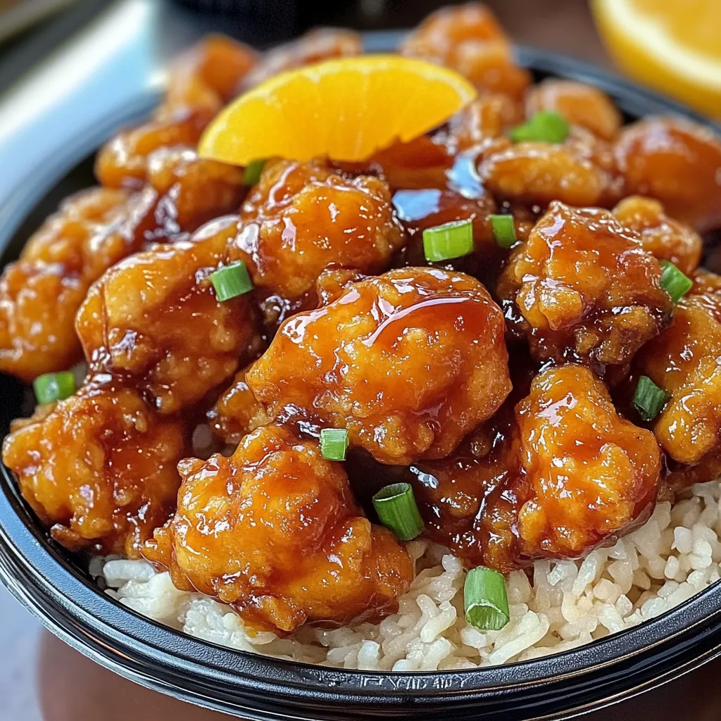 Crispy homemade orange chicken glazed in a sticky orange sauce, served over white rice