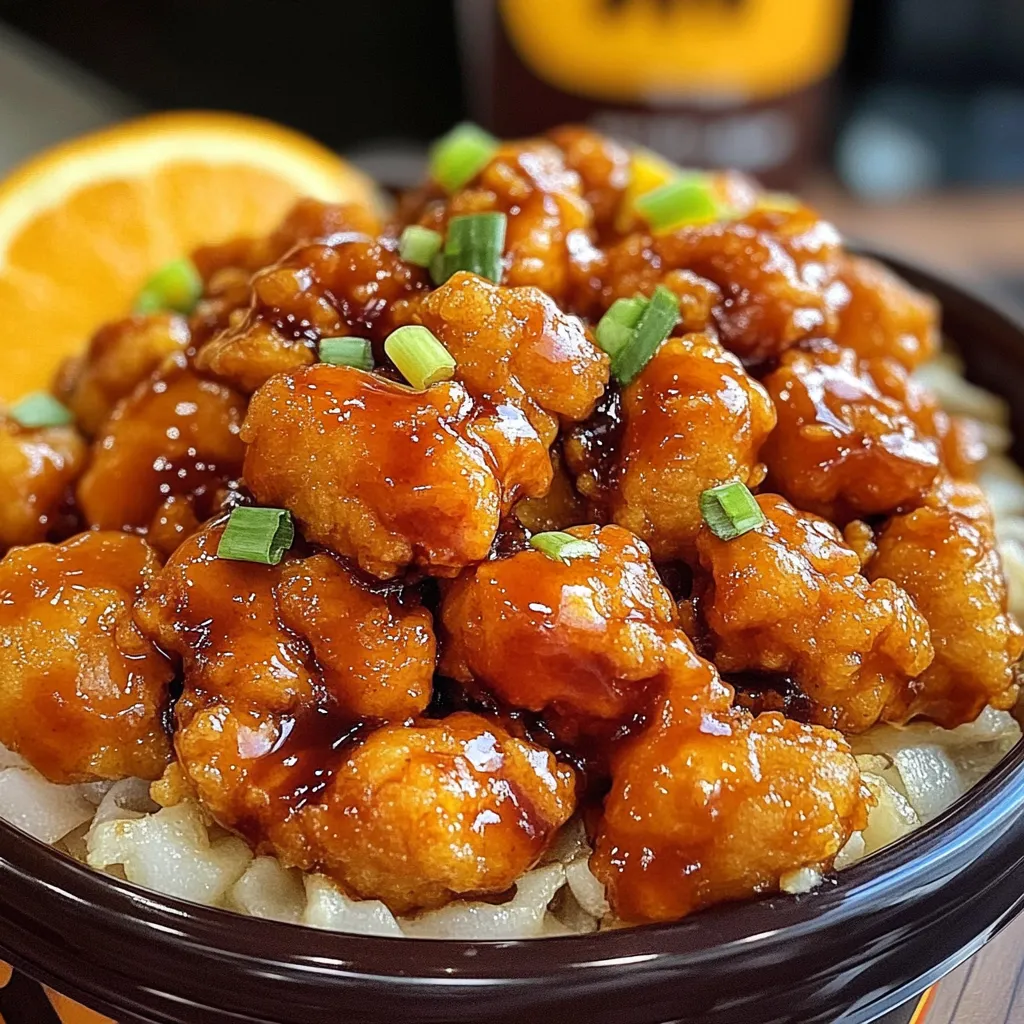 Crispy homemade orange chicken glazed in a sticky orange sauce, served over white rice