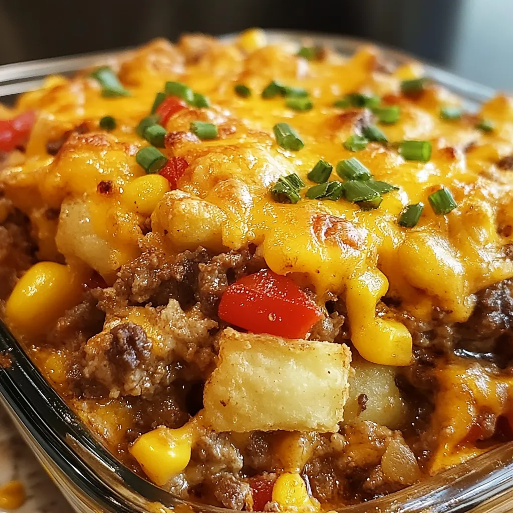 Cheesy Cowboy Casserole baked with golden tater tots on top