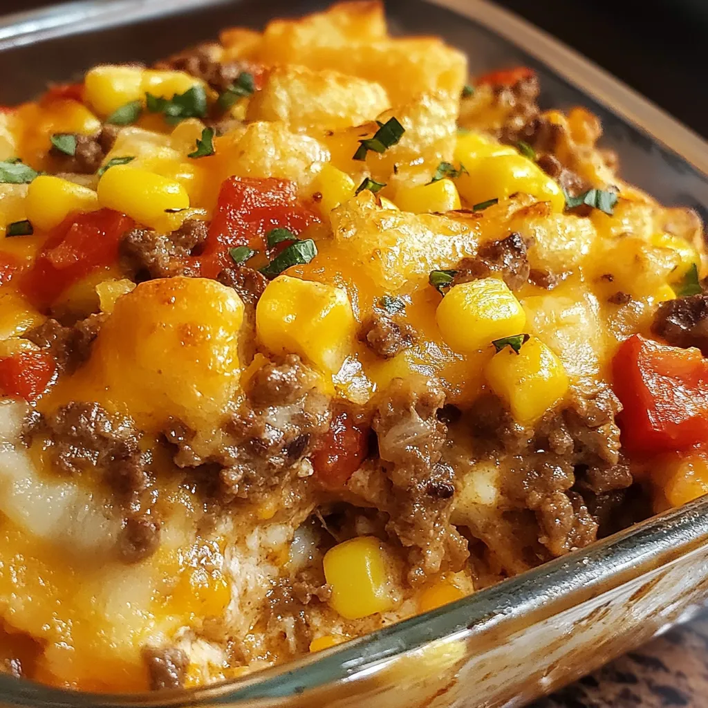 Cheesy Cowboy Casserole baked with golden tater tots on top