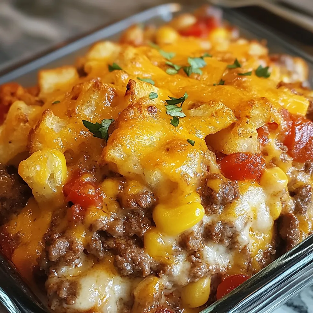 Cheesy Cowboy Casserole baked with golden tater tots on top