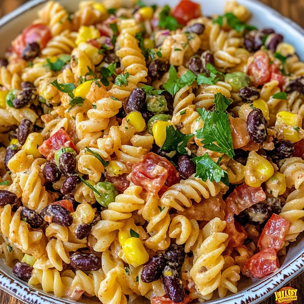 Bowl of Cowboy Pasta Salad with beef, bacon, corn, and cherry tomatoes in creamy dressing