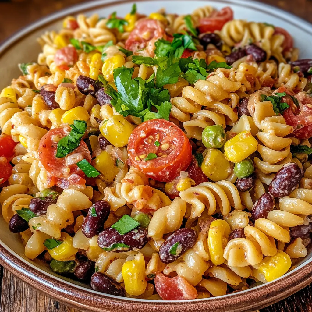 Bowl of Cowboy Pasta Salad with beef, bacon, corn, and cherry tomatoes in creamy dressing