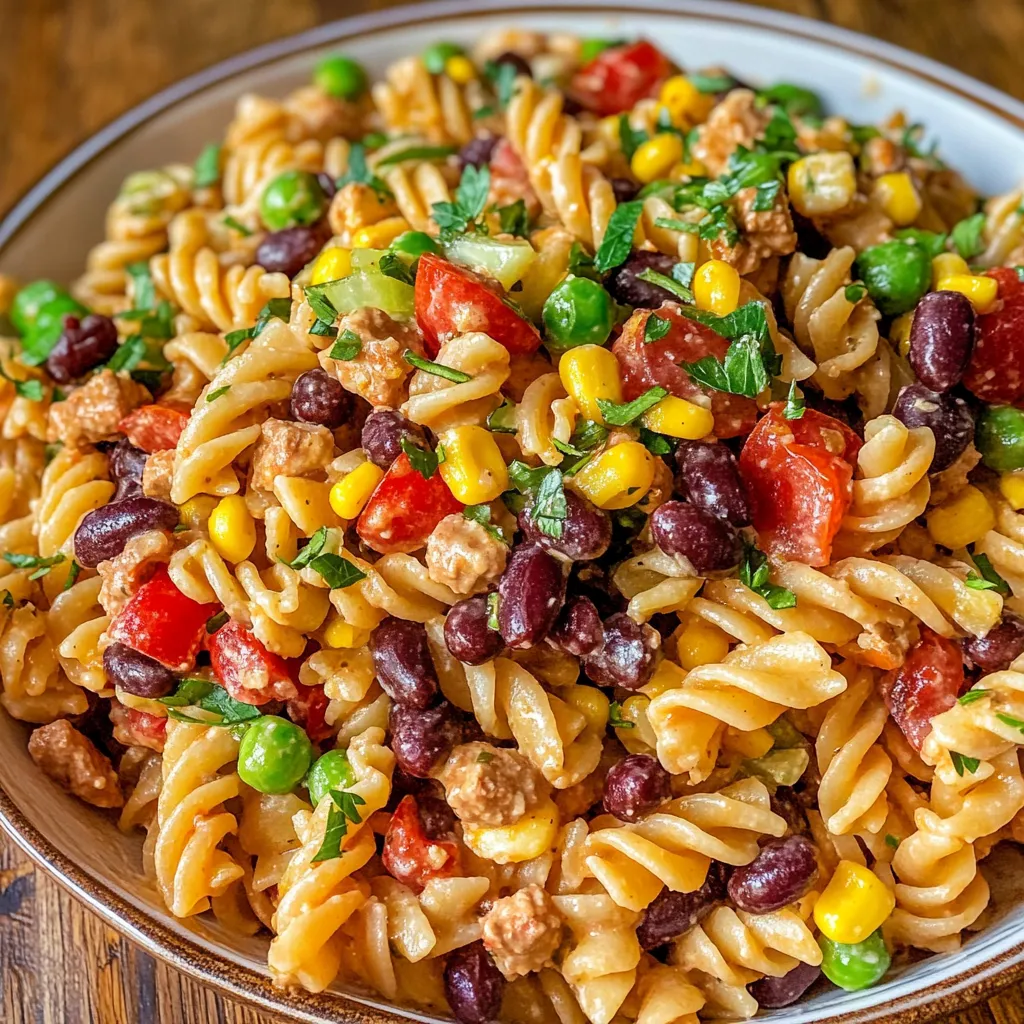 Bowl of Cowboy Pasta Salad with beef, bacon, corn, and cherry tomatoes in creamy dressing