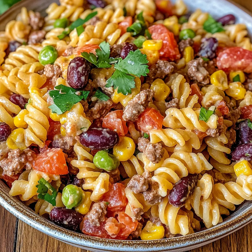 Bowl of Cowboy Pasta Salad with beef, bacon, corn, and cherry tomatoes in creamy dressing