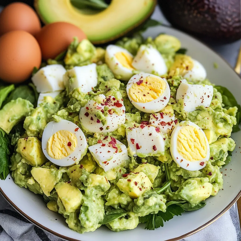 A bowl of creamy avocado egg salad garnished with herbs