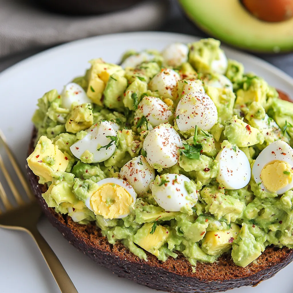 A bowl of creamy avocado egg salad garnished with herbs