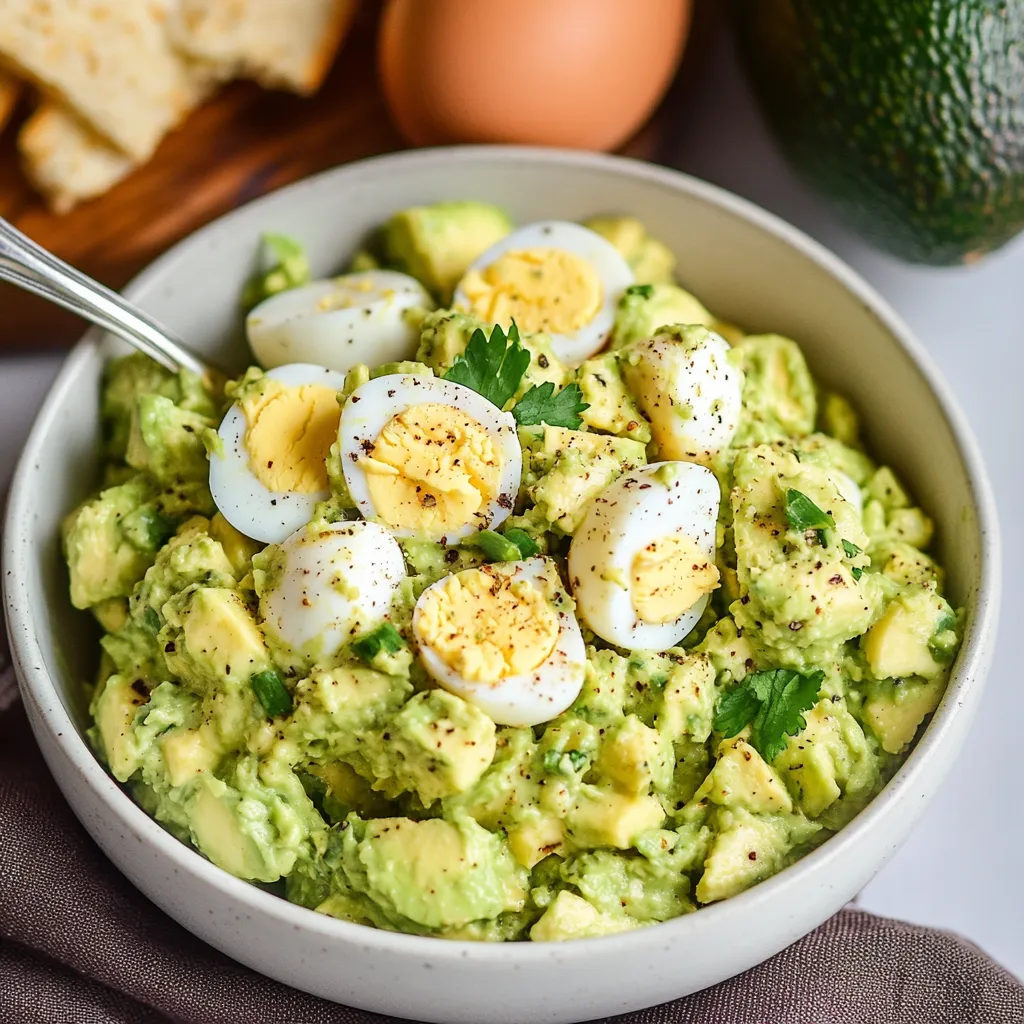 A bowl of creamy avocado egg salad garnished with herbs