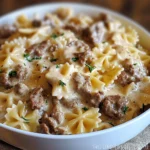 Bowl of creamy beef and bowtie pasta topped with herbs and melted cheese