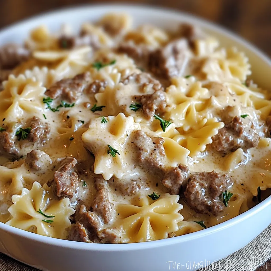 Bowl of creamy beef and bowtie pasta topped with herbs and melted cheese