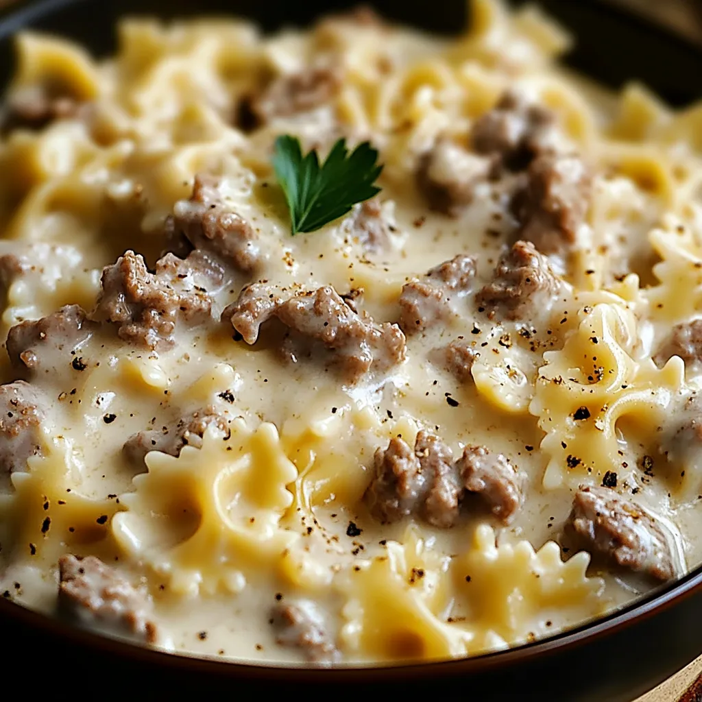 Bowl of creamy beef and bowtie pasta topped with herbs and melted cheese