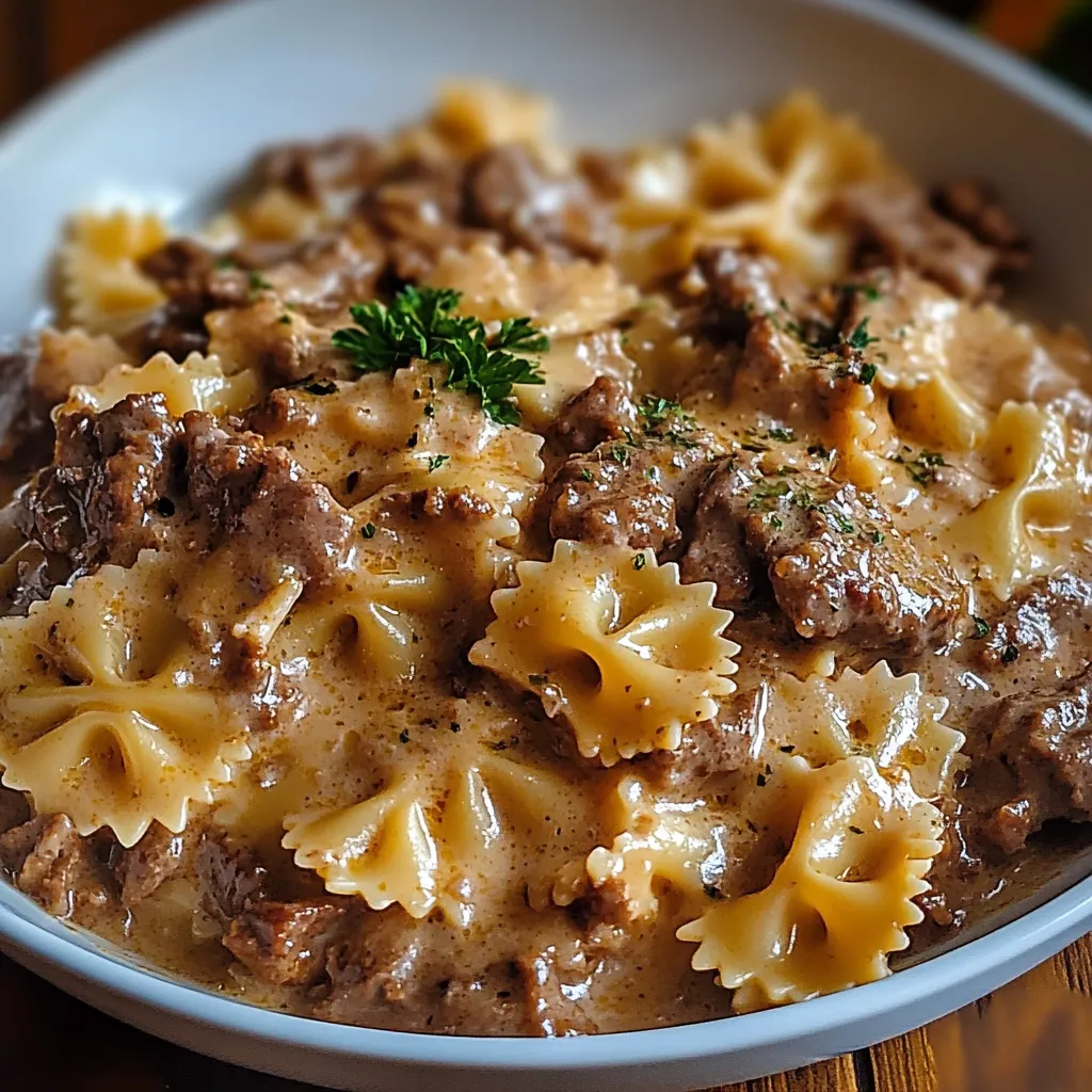 Bowl of creamy beef and bowtie pasta topped with herbs and melted cheese