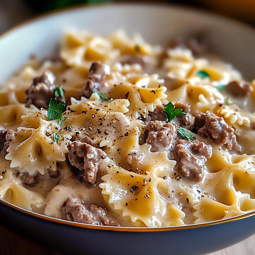 Bowl of creamy beef and bowtie pasta topped with herbs and melted cheese