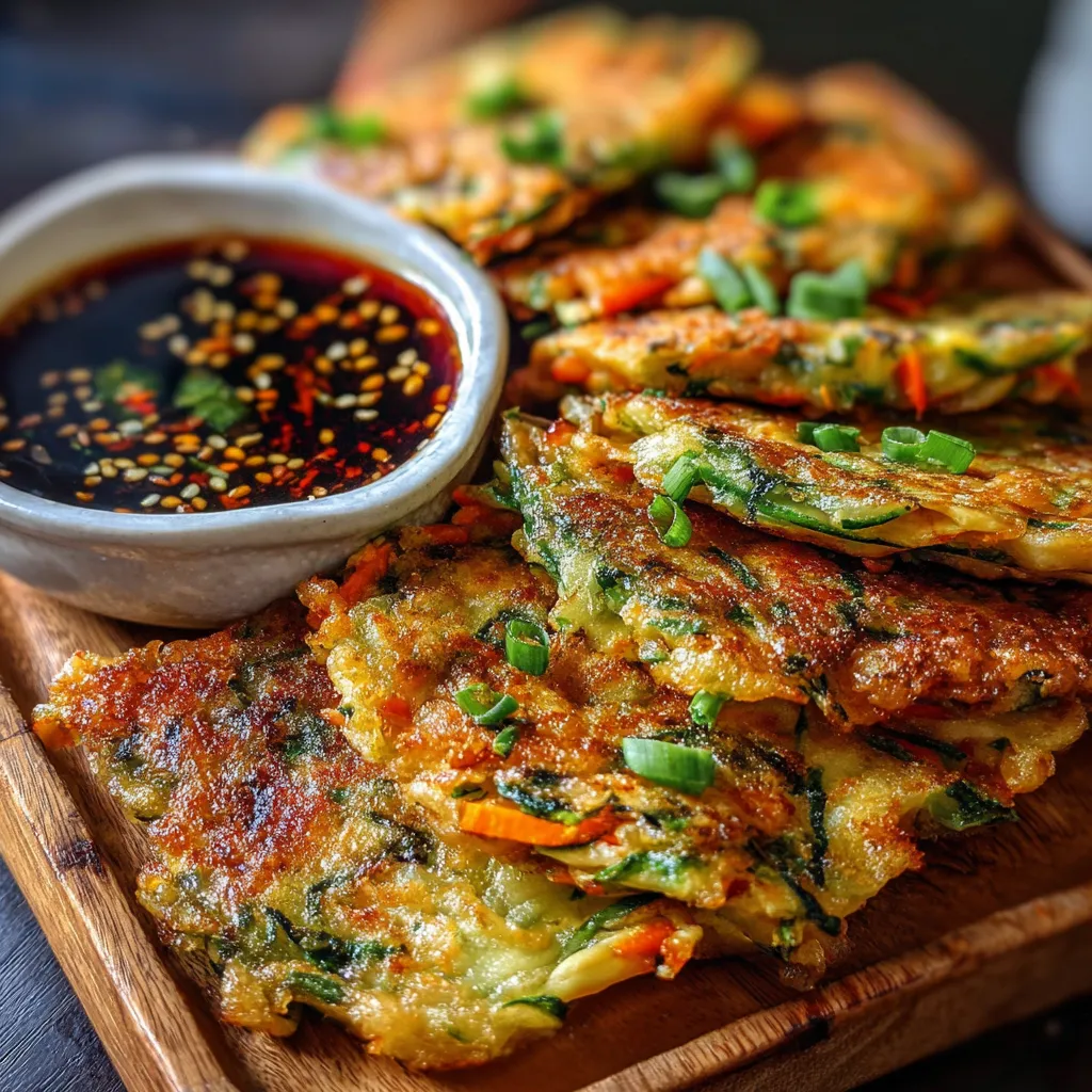 Golden crispy vegetable pancakes served with soy dipping sauce on a white plate