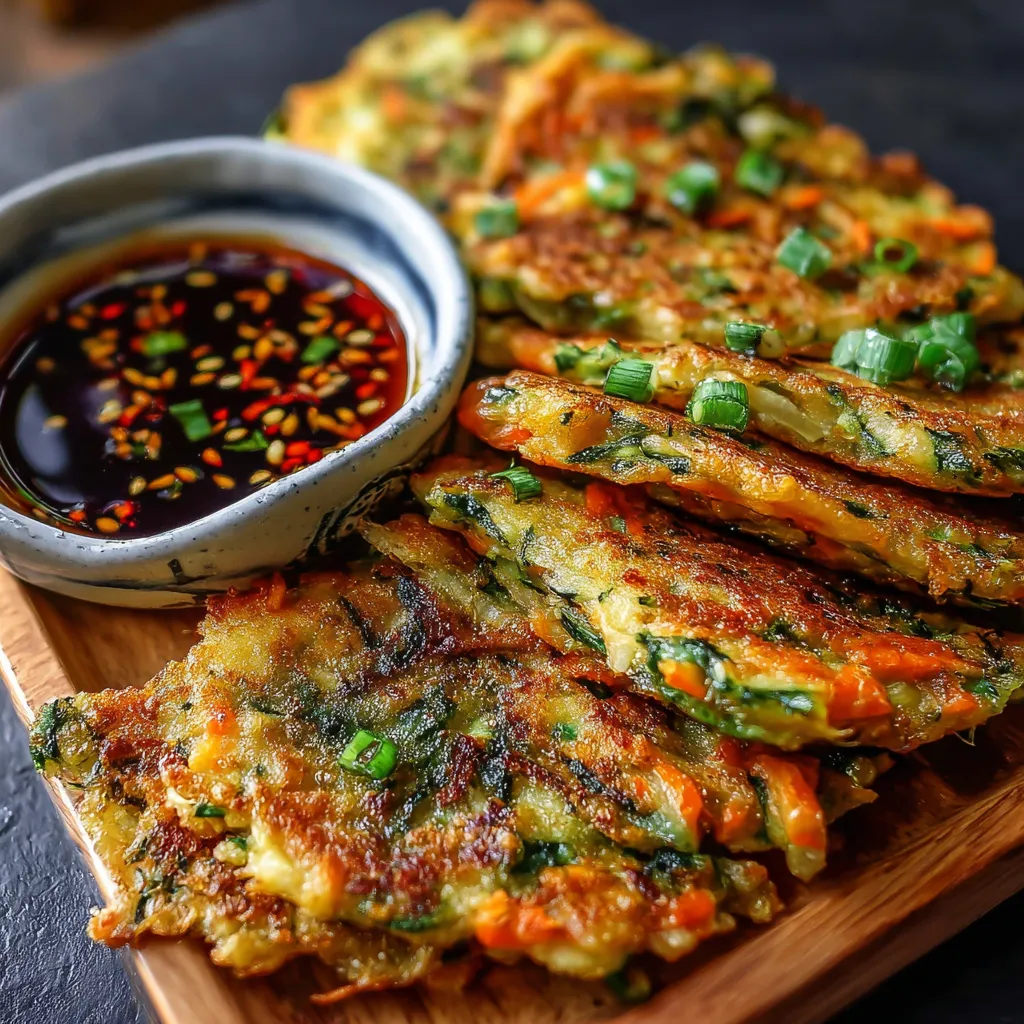 Golden crispy vegetable pancakes served with soy dipping sauce on a white plate