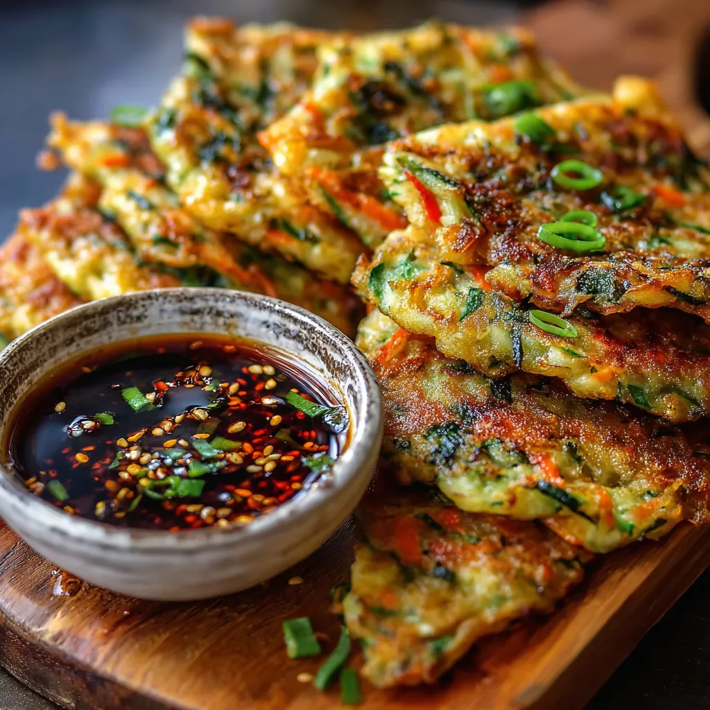 Golden crispy vegetable pancakes served with soy dipping sauce on a white plate