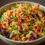 Crunchy Asian ramen noodle salad with cabbage, almonds, and sesame vinaigrette