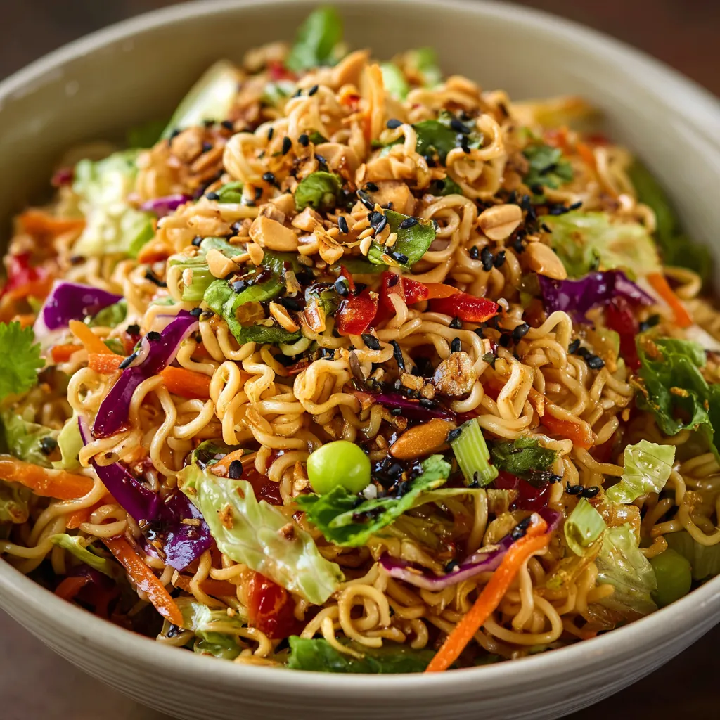 Crunchy Asian ramen noodle salad with cabbage, almonds, and sesame vinaigrette