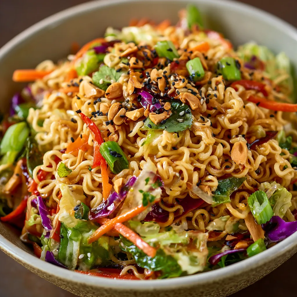 Crunchy Asian ramen noodle salad with cabbage, almonds, and sesame vinaigrette