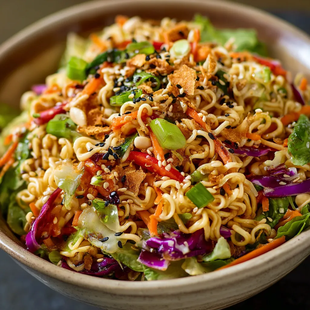 Crunchy Asian ramen noodle salad with cabbage, almonds, and sesame vinaigrette