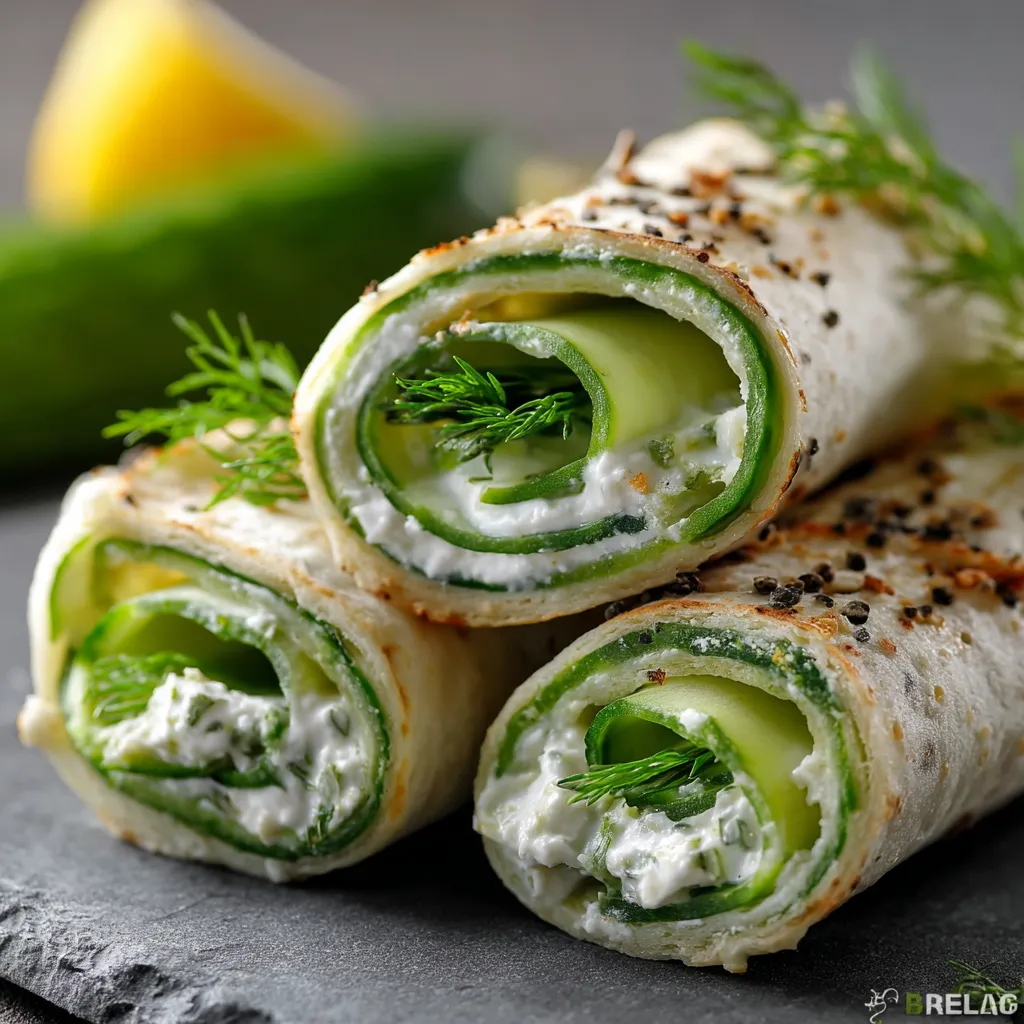 Fresh cucumber cottage cheese wrap sliced in half on a wooden board