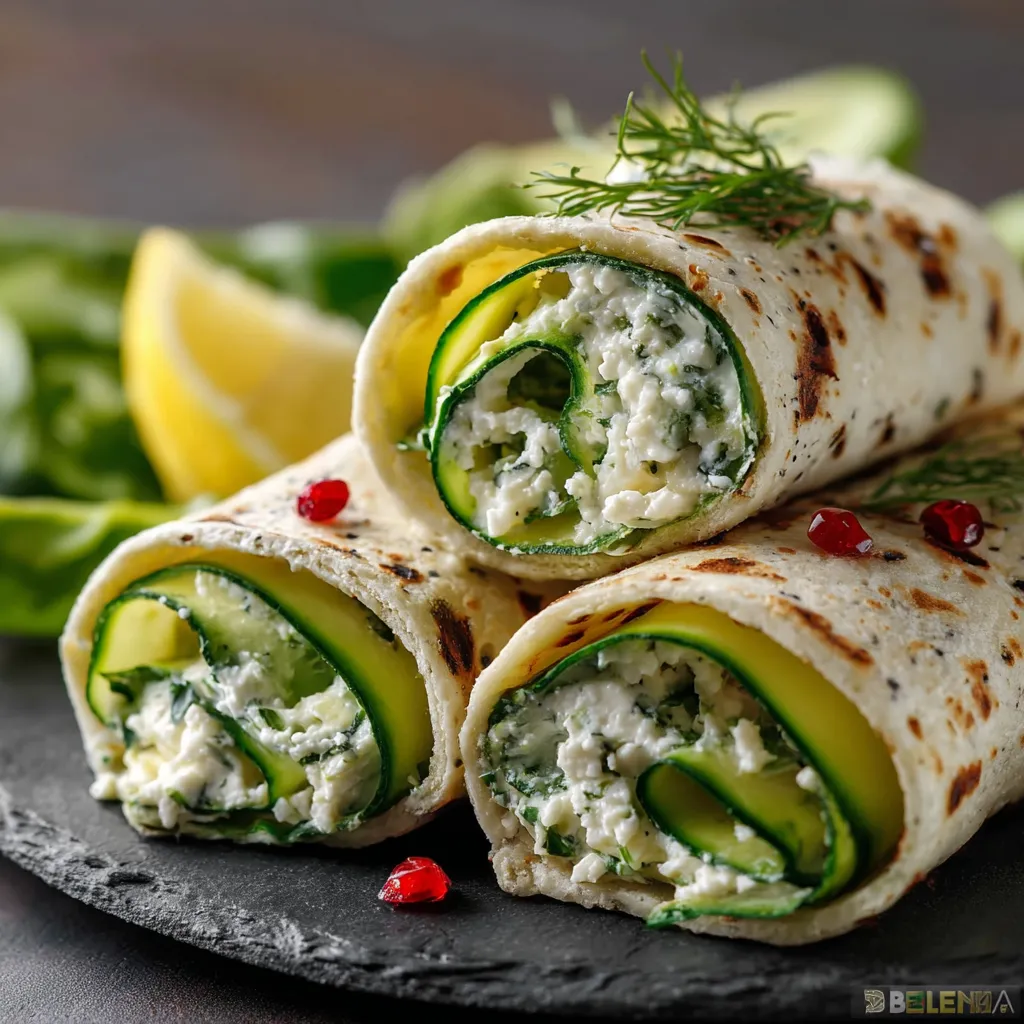 Fresh cucumber cottage cheese wrap sliced in half on a wooden board