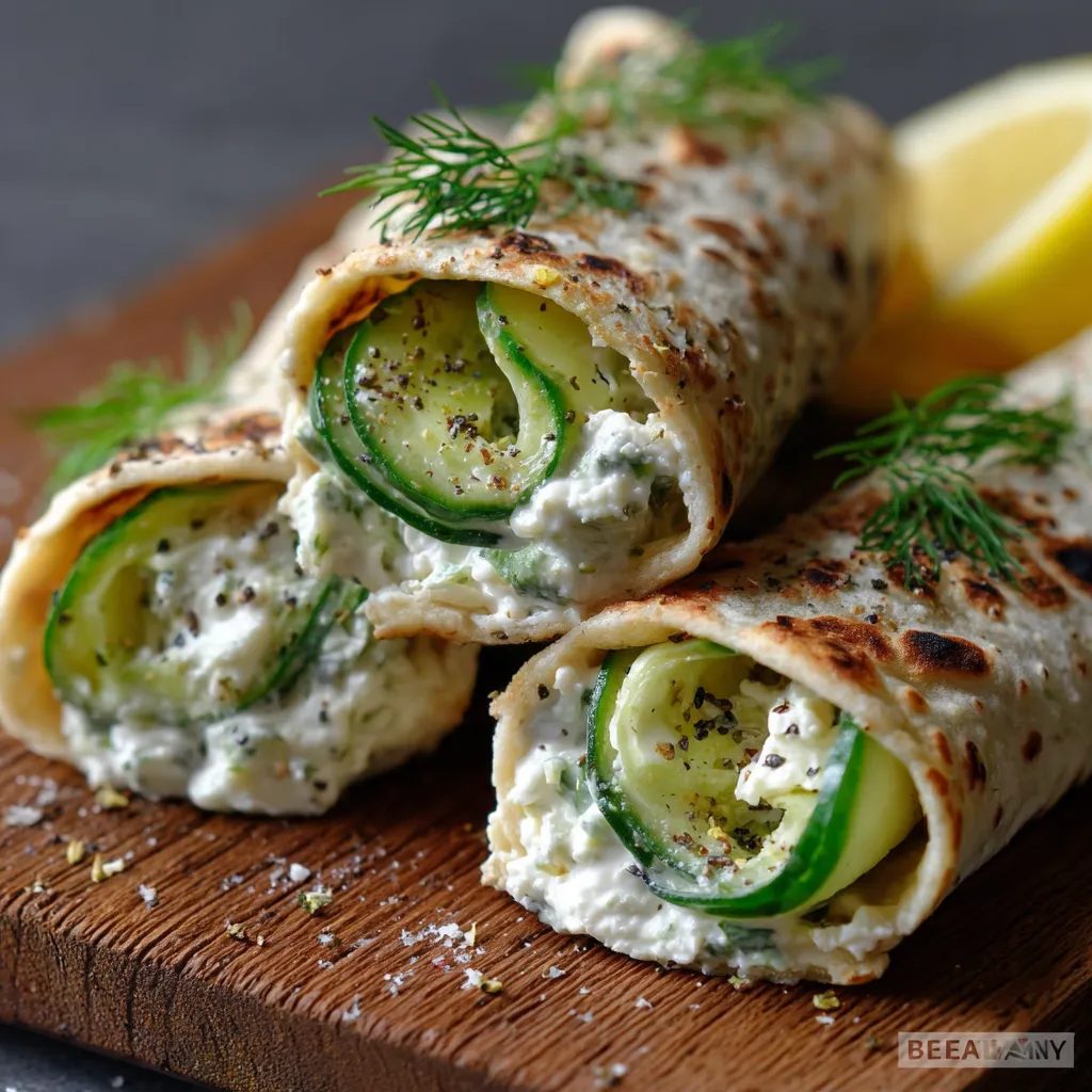Fresh cucumber cottage cheese wrap sliced in half on a wooden board