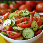 Sliced cucumber and tomato salad with red onion and herbs in a glass bowl
