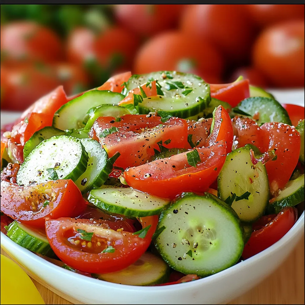 Sliced cucumber and tomato salad with red onion and herbs in a glass bowl