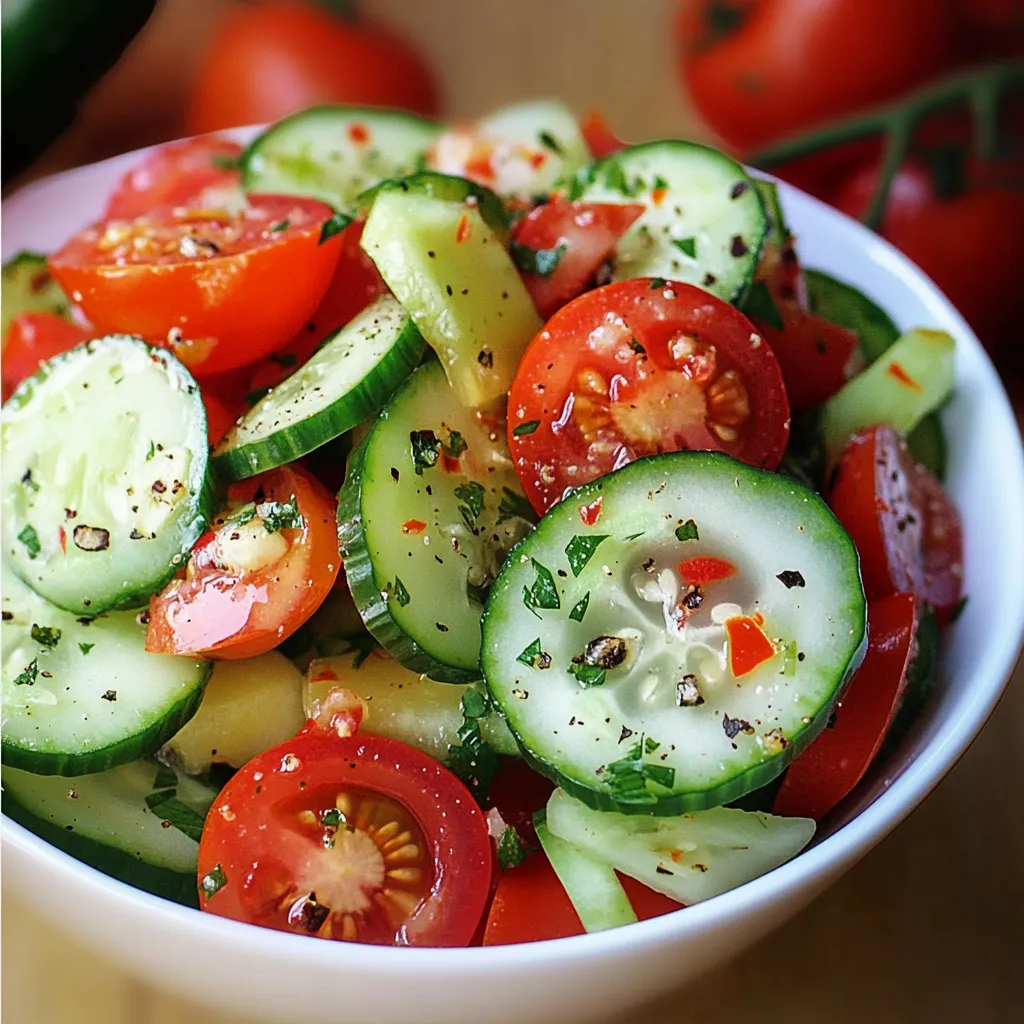Sliced cucumber and tomato salad with red onion and herbs in a glass bowl