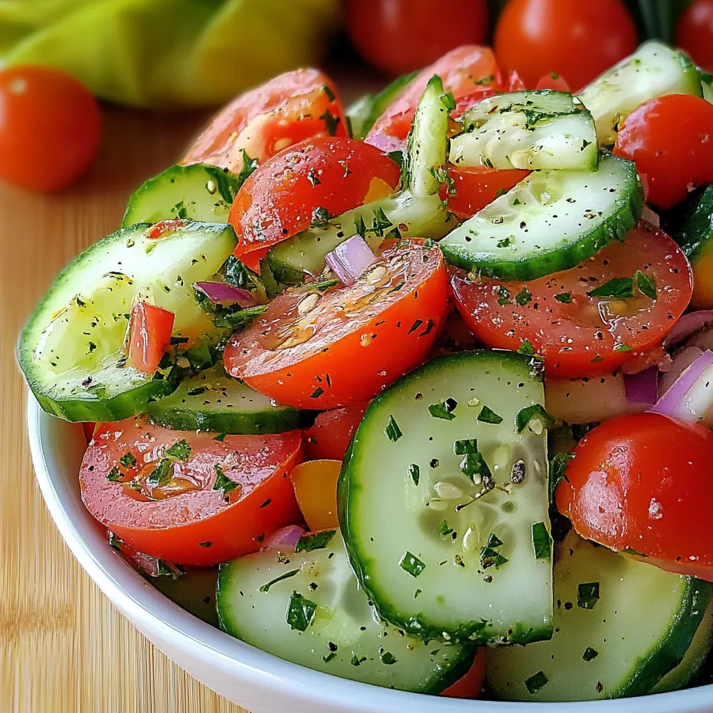 Sliced cucumber and tomato salad with red onion and herbs in a glass bowl