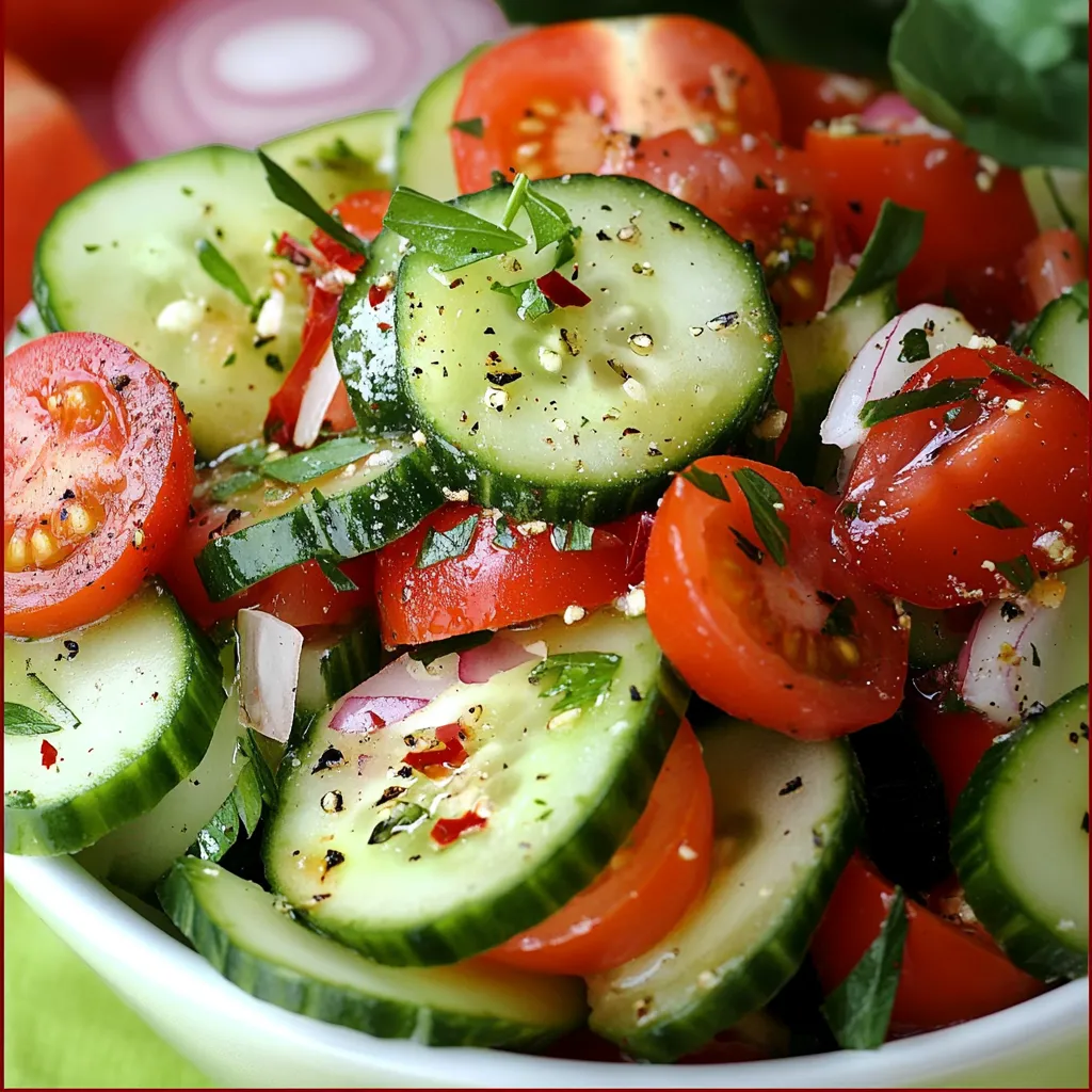 Sliced cucumber and tomato salad with red onion and herbs in a glass bowl