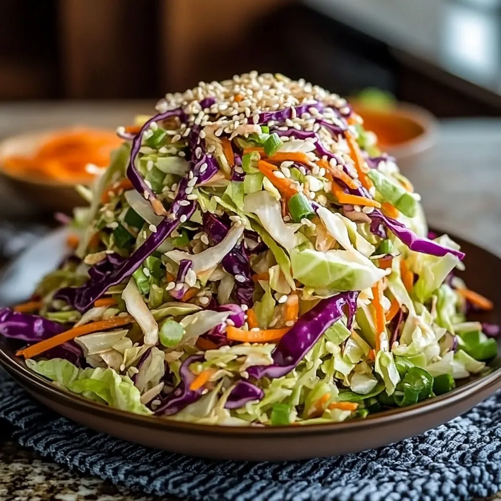 Easy Crunchy Asian Cabbage Slaw topped with sesame seeds and peanuts in a white bowl