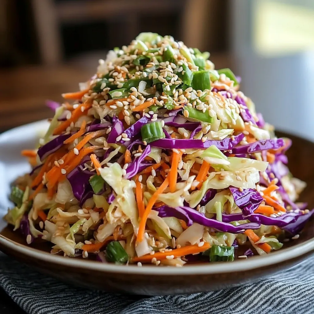 Easy Crunchy Asian Cabbage Slaw topped with sesame seeds and peanuts in a white bowl