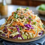 Easy Crunchy Asian Cabbage Slaw topped with sesame seeds and peanuts in a white bowl