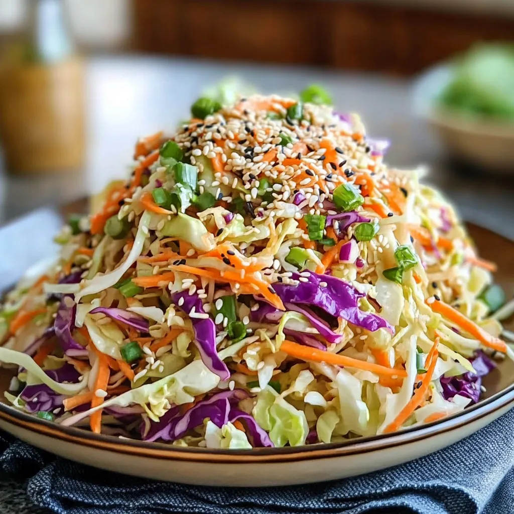 Easy Crunchy Asian Cabbage Slaw topped with sesame seeds and peanuts in a white bowl